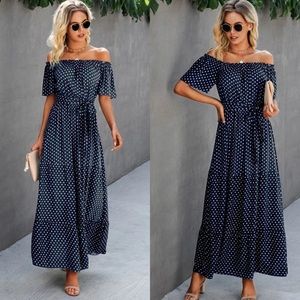Polka dot off shoulder maxi dress